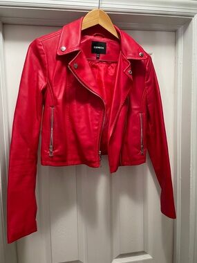 Express Women's Bright Red Faux Leather Moto Jacket